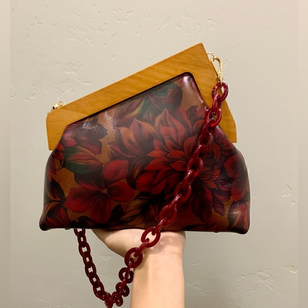 Handmade Genuine Premium Leather Floral Print Wooden Frame Bag with 2 Straps